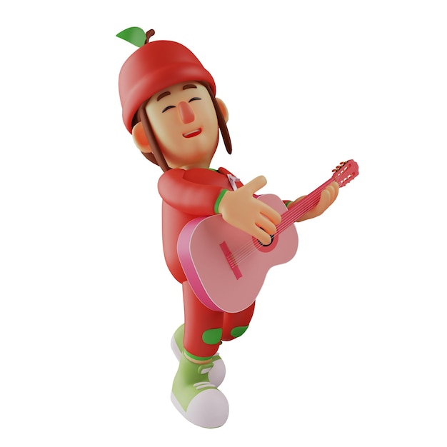 Foto ilustração 3d imagem de desenho animado 3d de cute fruit girl segurando uma guitarra vestindo um bonito traje de maçã