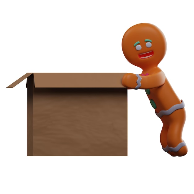 Foto ilustração 3d imagem de desenho animado de personagem 3d gingerbread com uma caixa com uma pose de empurrão