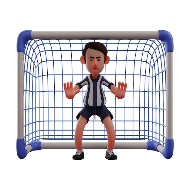 Foto ilustração 3d imagem de personagem 3d do árbitro como goleiro mãos empurradas para frente mostrando um sério