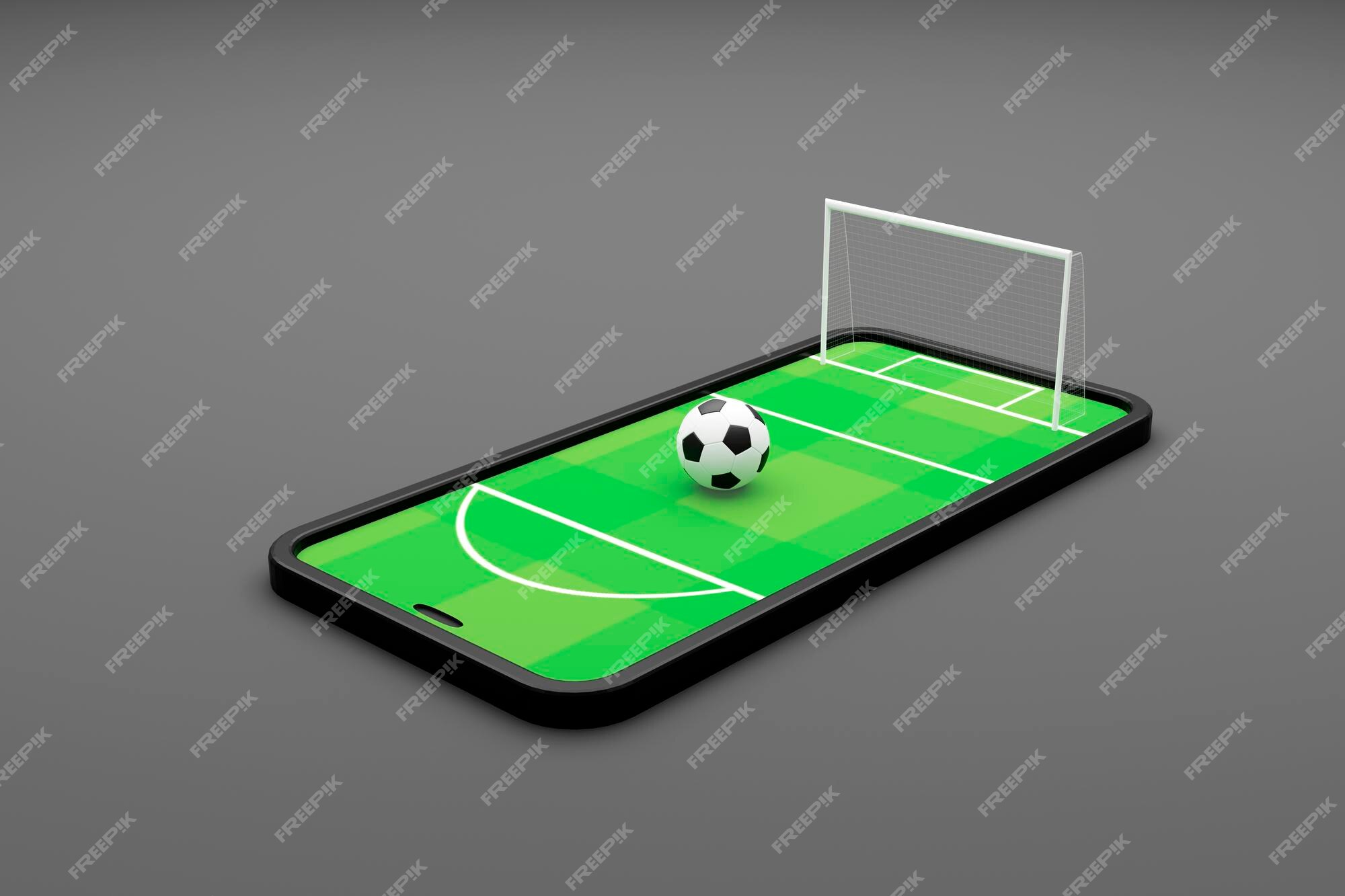 Futebol online. telefone móvel com bola de futebol de futebol e campo na  tela.