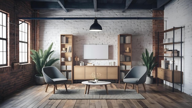 Ilustração 3D interior moderno em estilo loft fundo branco móveis e prateleiras de parede novas e claras