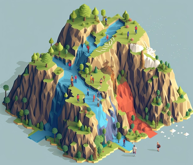 Ilustração 3D isométrica de uma montanha com pessoas caminhando sobre ela
