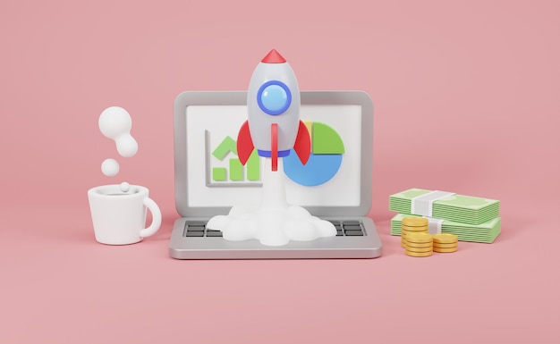 Ilustração 3D Lançamento bem sucedido da inicialização. Foguete voa do laptop