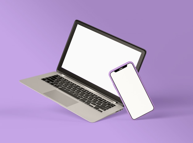 Ilustração 3D. Laptop e smartphone com tela branca.