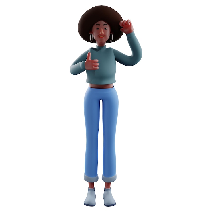 Foto ilustração 3d linda 3d mulher bonita personagem de desenho animado 3d mostrando os polegares para cima com uma pose