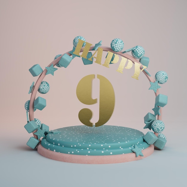 ilustração 3D. lindo arco dourado com suporte para bolo e presentes de aniversário com o número 9 em