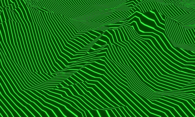 Ilustração 3d. linhas topográficas verdes. montanha abstrata.