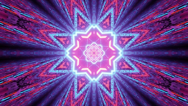 Ilustração 3d luminosa abstrata com formas de estrelas e flores formando um padrão de néon colorido com vigas brilhantes