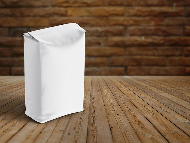 Ilustração 3D Maquete de embalagem de saco de papel isolada em fundo de madeira
