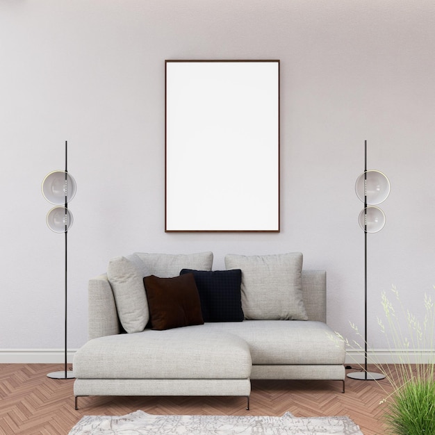 Ilustração 3D Mockup de moldura de foto em branco na renderização da sala de estar