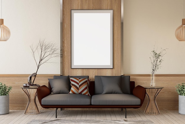 Ilustração 3D Mockup moldura em branco na renderização da sala de estar