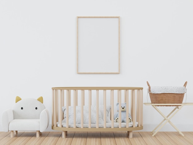 Ilustração 3D mockup quadro de fotos no interior do quarto das crianças e decoração com mobiliário lindo espaço em branco para inserir imagem renderização 3D