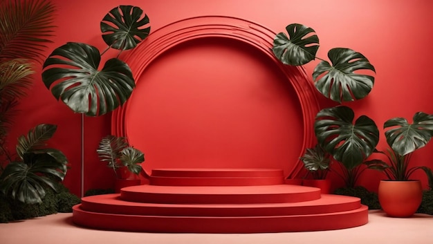 Ilustração 3D modelo de pódio vermelho vazio para design fundo abstrato de belas plantas tropicais