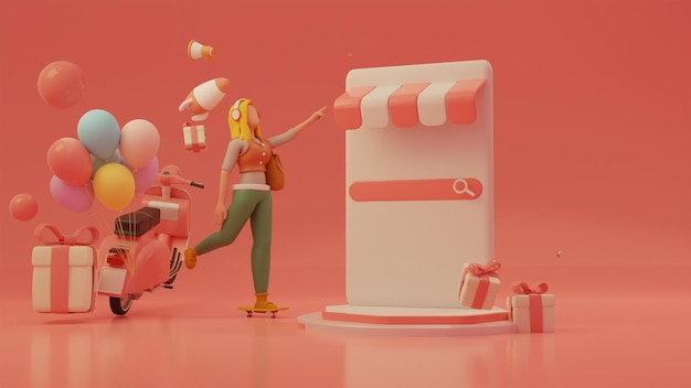 ilustração 3D mostrando o conceito bonito de mulher de compras online