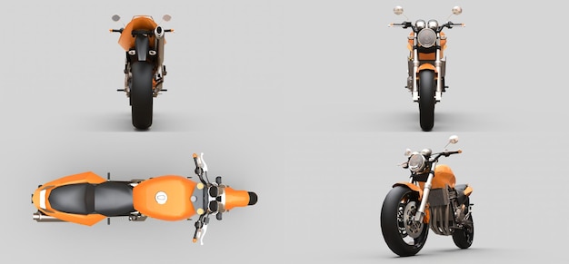 Ilustração 3d motocicleta de dois lugares esporte urbano laranja em um fundo cinza renderização em 3d