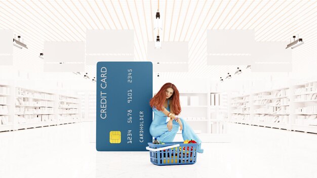 Foto ilustração 3d mulher jovem fazendo compras no supermercado com um carrinho e um grande conceito de compras de supermercado com cartão de crédito