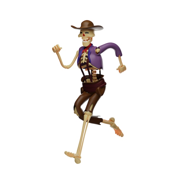 Ilustração 3D O desenho do Crânio de Cowboy em 3D vai rápido com uma perna balançando para trás e as mãos