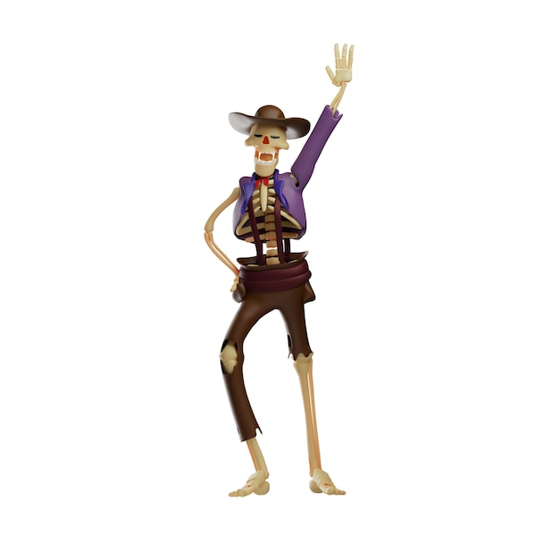 Ilustração 3D O design do personagem 3D Skull Cowboy diz olá, as mãos estão na cintura, mostrando