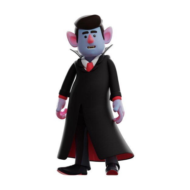 Foto ilustração 3d o personagem de desenho animado drácula vampiro 3d com cara engraçada vestindo um manto legal tem