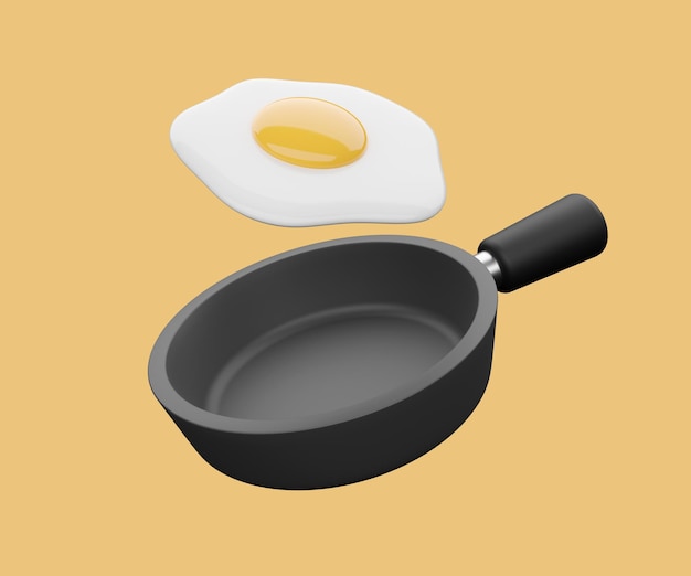 ilustração 3D, ovo frito com Flying Pan em fundo amarelo