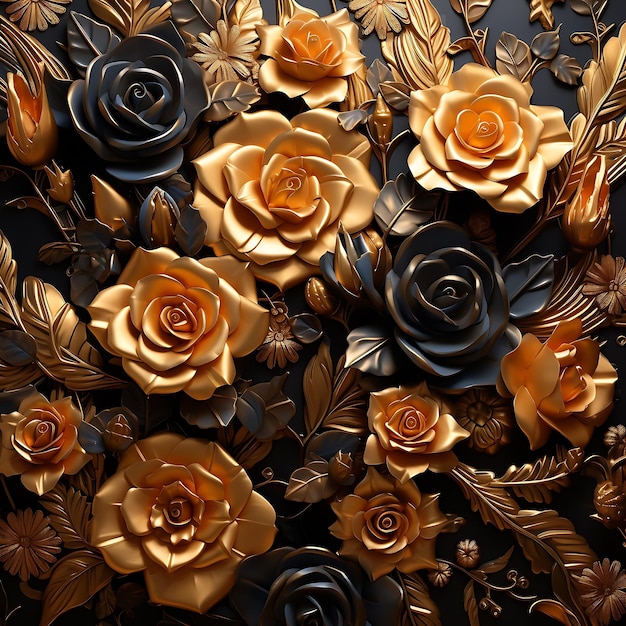 ilustração 3D papel de parede flor padrão luxo dourado preto