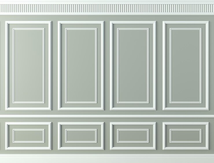 Foto ilustração 3d. parede clássica de painéis de madeira brancos. marcenaria no interior. fundo.