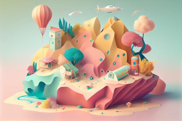 Ilustração 3D Pastel Paisagem