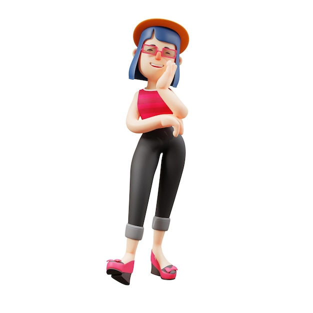Ilustração 3D Personagem 3D Cute Woman com rosto sorridente e a mão no queixo mostrando linda