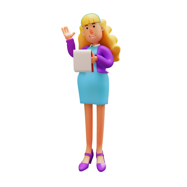 Ilustração 3D Personagem 3D de uma mulher de negócios segurando um caderno com uma pose explicativa