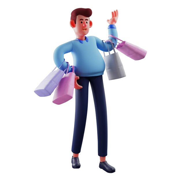 Foto ilustração 3d personagem 3d trabalhador segurando muitas sacolas de compras com uma mão na cintura estilo pose