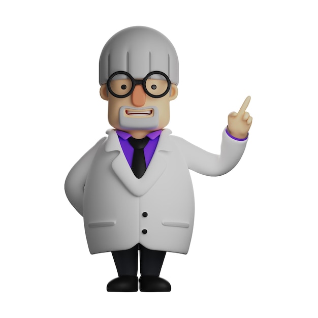 Ilustração 3D Personagem Carismático Professor 3D com rosto sorridente e pose de mão apontando