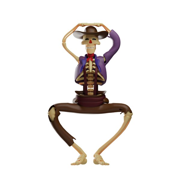 Ilustração 3D Personagem de desenho animado 3D Cute Skull Cowboy com uma pose de bailarina, as mãos estão acima