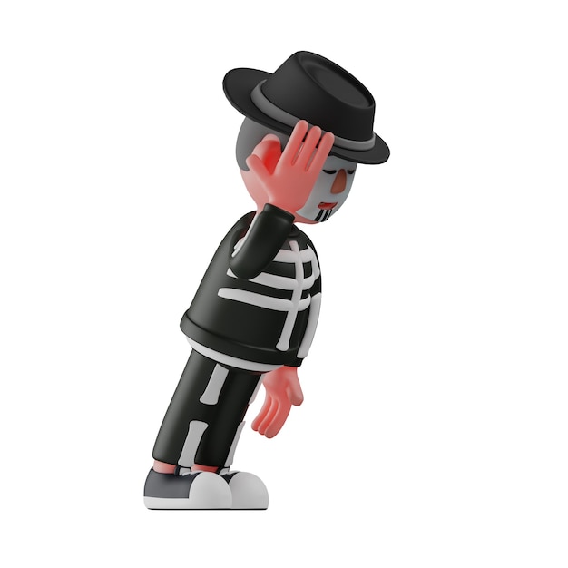 Ilustração 3D Personagem de desenho animado 3D do menino esqueleto em pé de lado com a mão segurando o chapéu fechado