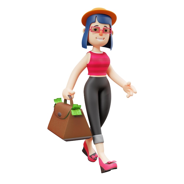 Ilustração 3D Personagem de desenho animado de mulher bonita 3D segurando um saco de dinheiro carregando bolsa marrom