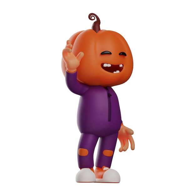 Ilustração 3D Personagem de desenho animado do Espantalho de Halloween 3D com cara engraçada acenando com a mão em saudação