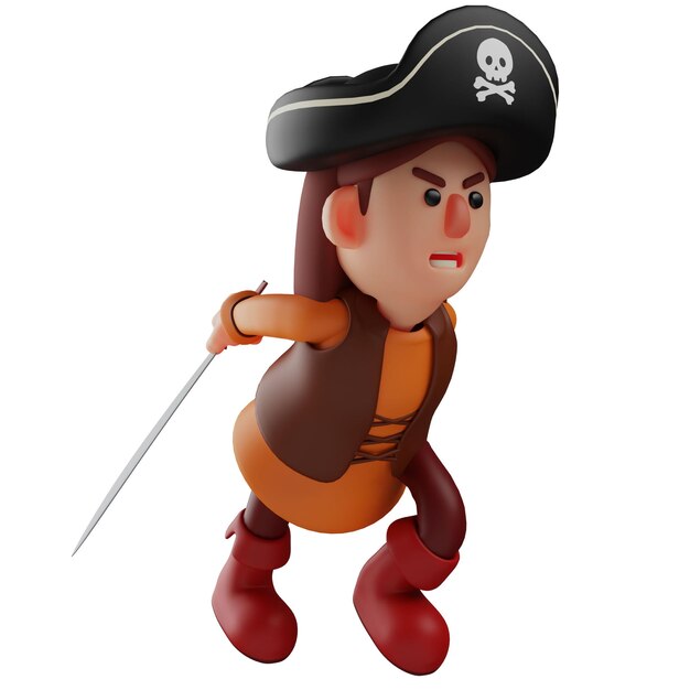 Foto ilustração 3d personagem de desenho animado pirata 3d segurando a espada enquanto corre mostrando uma expressão de raiva