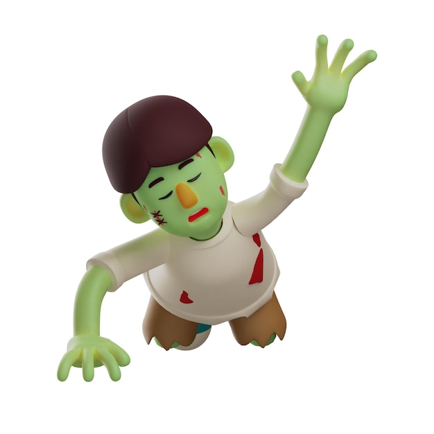 Ilustração 3D Personagem de desenho animado zumbi 3D rastejando no chão com uma mão levantada com