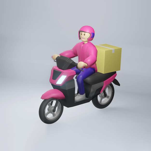 Ilustração 3d personagem fofo de entrega expressa de correio com motocicleta e caixa de pacote ojek
