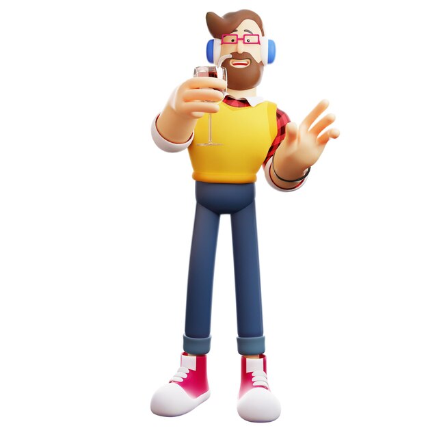 Ilustração 3D Personagem masculino 3D carregando um copo de água com uma bebida refrescante alegre