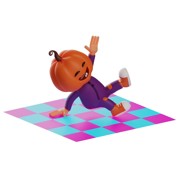 Ilustração 3D Personagens do Espantalho de Halloween 3D dançando pelo chão em uma pose fofa mostrando