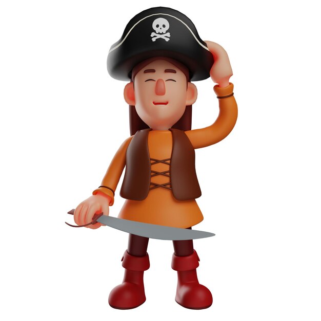 Ilustração 3D Pirata 3D Adorável Personagem de desenho animado compartilha seus sentimentos felizes a mão está no chapéu