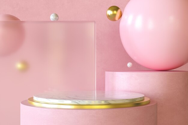 ilustração 3D. Pódio com fundo geométrico abstrato mínimo em rosa. Para apresentação do produto