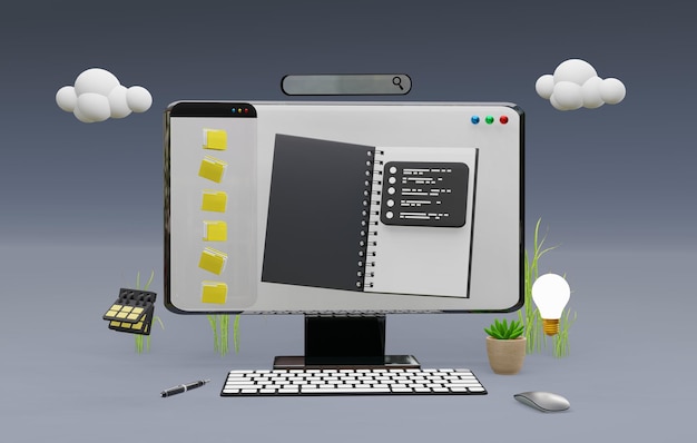 Ilustração 3D por computador Análise de dados Site SEO Aplicativo de tela branca