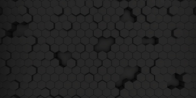 Ilustração 3d preta de textura de fundo hexagonal escura