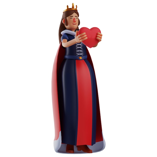 Ilustração 3D Rainha atraente Personagem de desenho animado 3D com coração vermelho usando uma coroa bonita