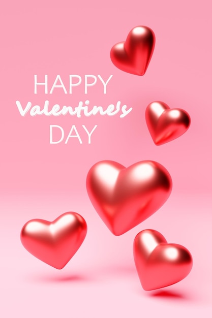 ilustração 3D realista colorido vermelho e rosa fundo romântico dos corações dos namorados flutuando com saudações de feliz dia dos namorados