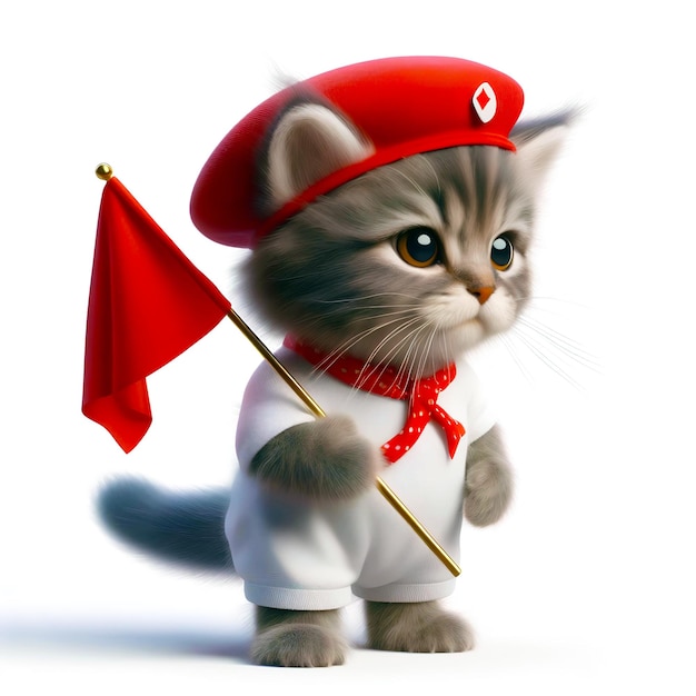 Ilustração 3D realista de um gato de desenho animado bonito segurando uma bandeira vermelha