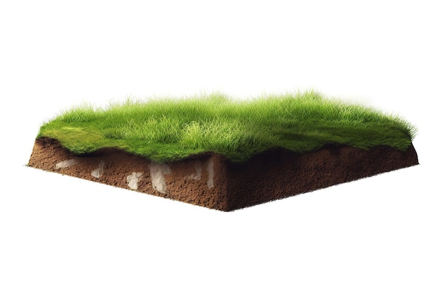 Foto ilustração 3d redonda seção transversal do solo do solo com terra e grama verde isométrica