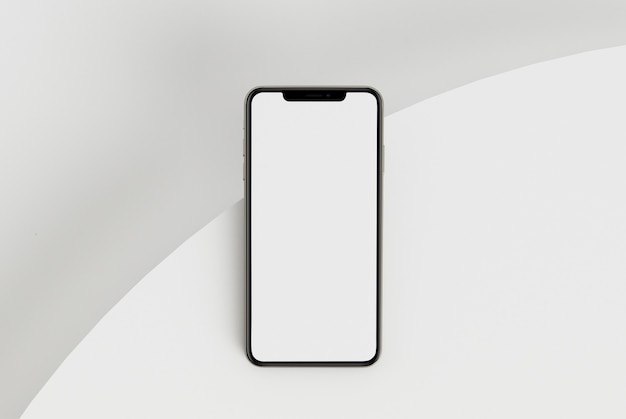 Ilustração 3d render mão segurando o smartphone branco com tela cheia e quadro moderno menos desi