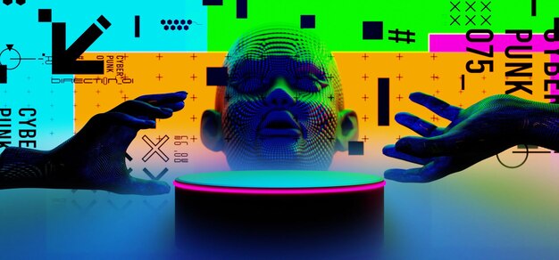 Ilustração 3D renderização de y2k 2000s gamer tecnologia futurista fantasia metaverse cyberpunk scifi exibição pódio fundo abstrato neonglow